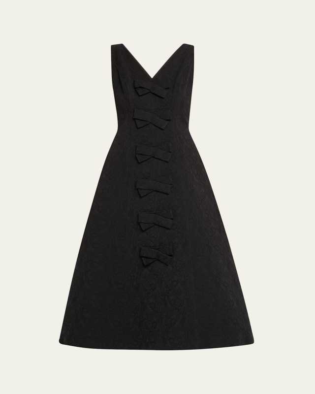 V-Neck Bow Floral Brocade Midi Dress